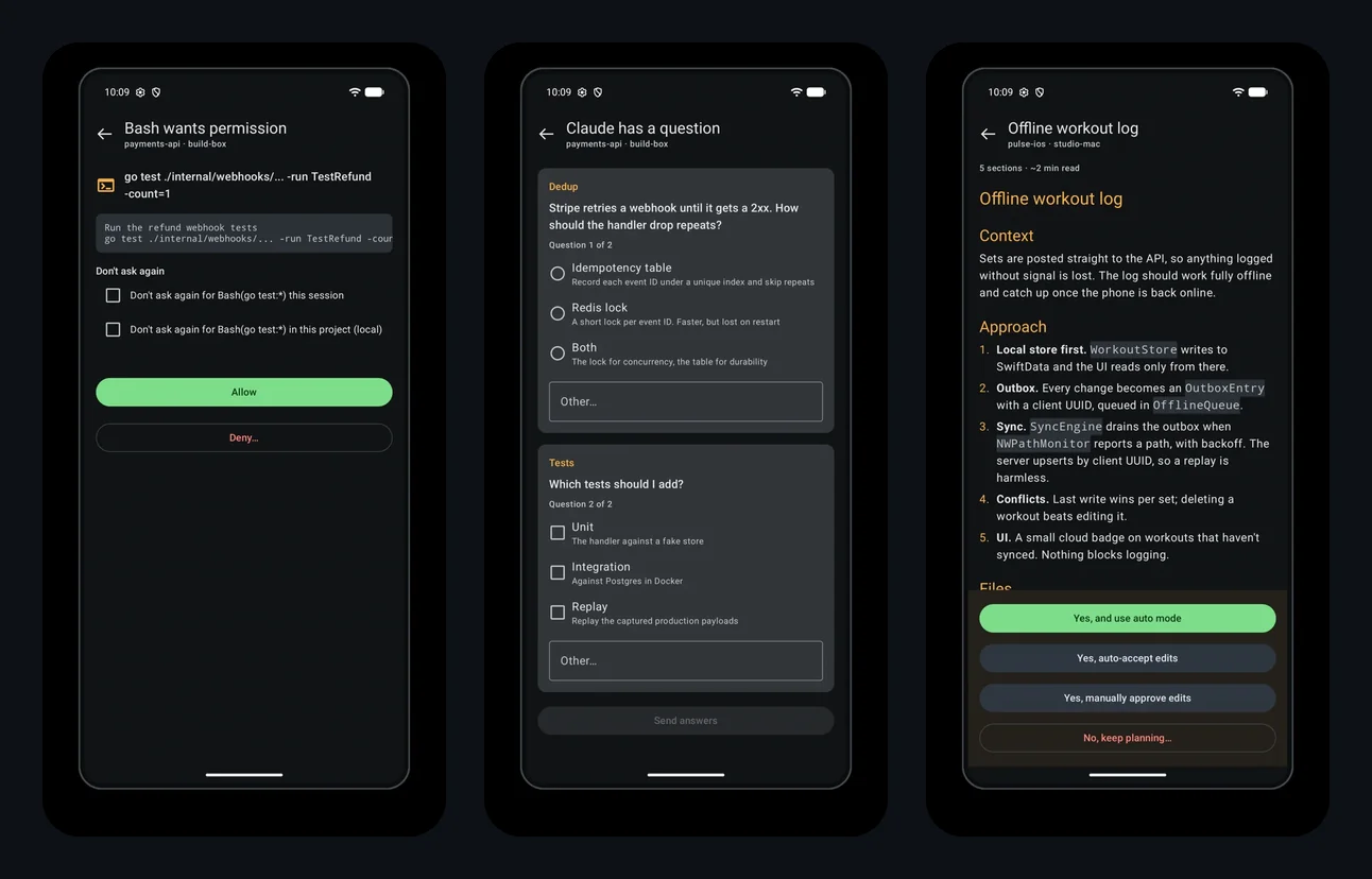 Three Clair phone screens: a permission prompt for a shell command with Allow and Deny buttons, a two-part question with options, and a plan review with approval choices