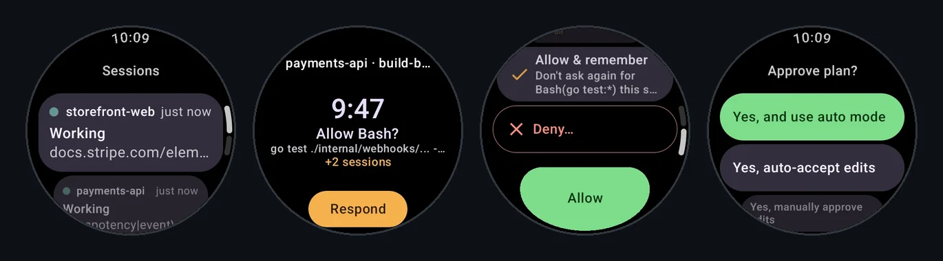 Four Clair watch screens: the session list, the tile showing a pending permission request, allow and deny actions, and a plan approval